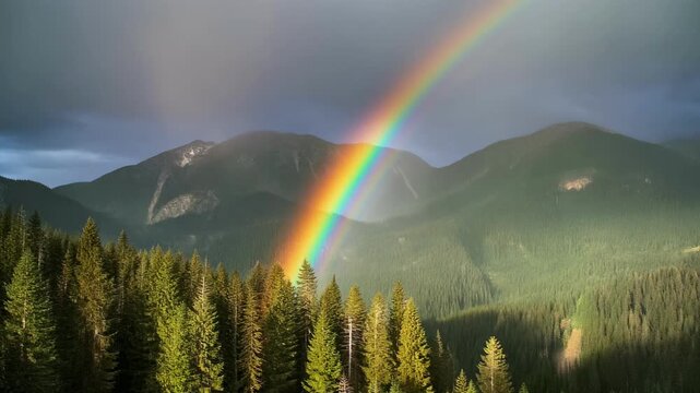 Vibrant rainbow arching over misty evergreen forest mountains during a soft rainfall