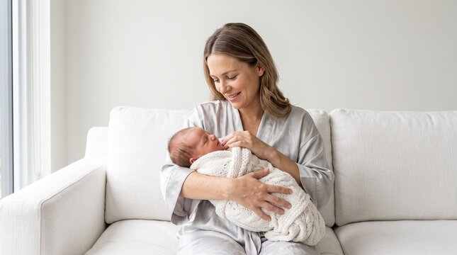 Smiling mother cradling her swaddled newborn baby on a white sofa in a bright room, ideal for healthcare, motherhood, and family wellness advertisements.