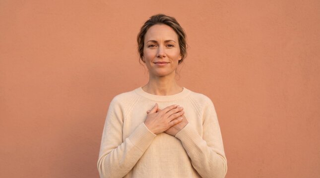 Peaceful middle-aged woman placing hands on chest with a kind smile over a warm background, perfect for mental health, gratitude, and wellness themes.
