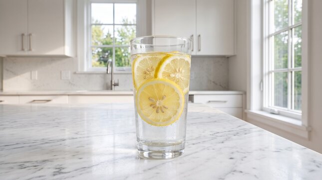 Refreshing tall glass of cold water with yellow lemon slices on a marble kitchen island, showcasing a healthy detox drink for morning hydration and wellness lifestyle.