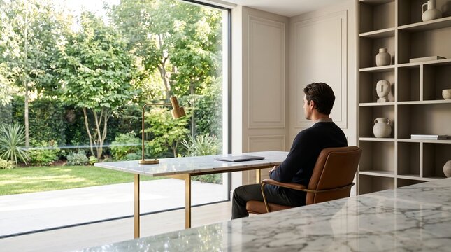 A man sitting at a marble desk in a luxury minimalist home office with a large glass window overlooking a lush garden, ideal for productive remote work.