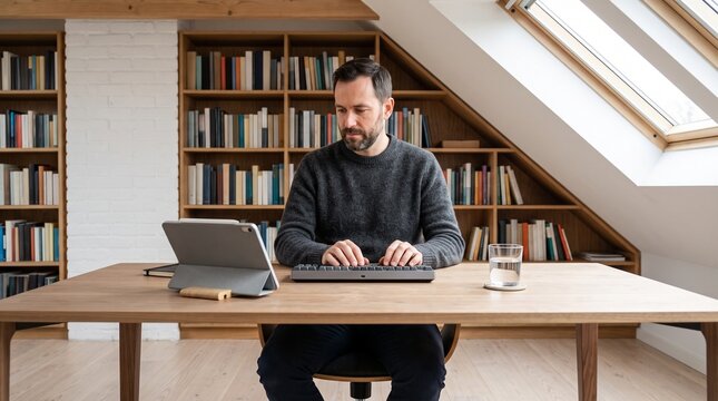 Focused professional man working remotely at a wooden desk, typing on a wireless keyboard and tablet in a modern attic library with minimalist shelves.