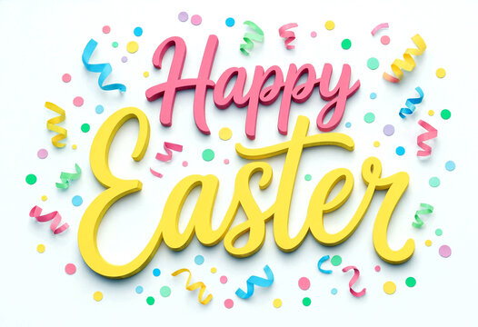 Colorful happy easter greeting with festive confetti and swirls in cheerful design