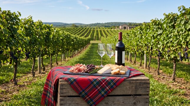 Elegant picnic setup featuring red wine and a charcuterie platter on a rustic wooden crate amidst lush vineyard rows, ideal for winery tourism and outdoor dining concepts.