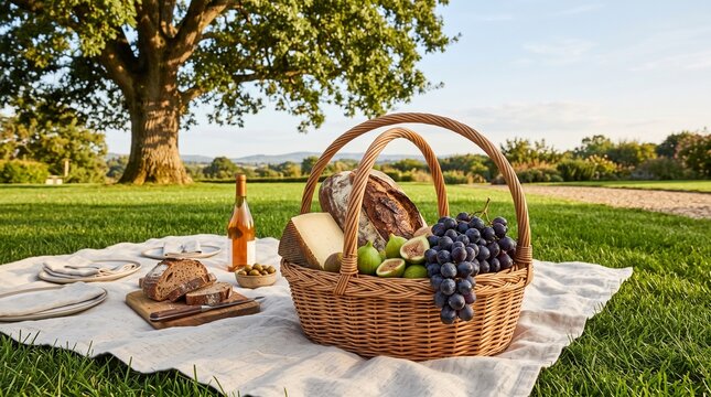 Scenic outdoor picnic on a linen cloth under an oak tree featuring a wicker basket with sourdough bread, grapes, and figs for summer gourmet dining.