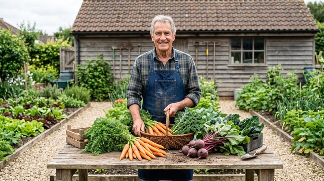 Smiling senior gardener showcasing fresh organic vegetables on a rustic table in a backyard garden, perfect for healthy lifestyle and sustainable farming content.