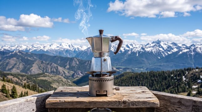 Classic silver moka pot brewing fresh espresso on a portable camping stove with steam rising against a scenic backdrop of snow-capped mountains and blue sky