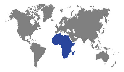 Vector illustration of a world map highlighting the African continent in blue, global geography design, international travel, cartography, and a concept representing Earth's continents © Breno