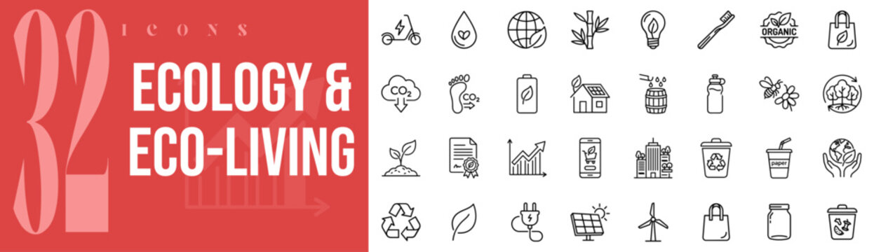 Ecology and Eco Living 32 Outline Vector Icons Set
