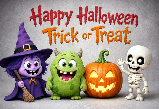 Cute halloween characters with witch monster and skeleton celebrating trick or treat holiday fun