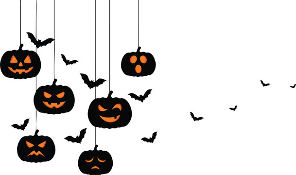 Halloween party  background with scary pumpkin face, bats, hanging from top isolated on PNG or transparent texture, the for poster, brochure, promotion, sale marketing vector illustration