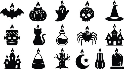 Fototapeta premium Halloween icons set with black silhouettes of spooky symbols and objects on white background