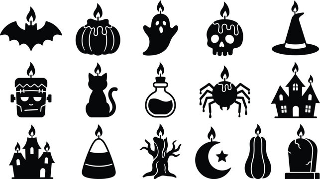 Halloween icons set with black silhouettes of spooky symbols and objects on white background