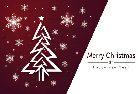 Festive christmas card with stylized tree and snowflakes on dark red background