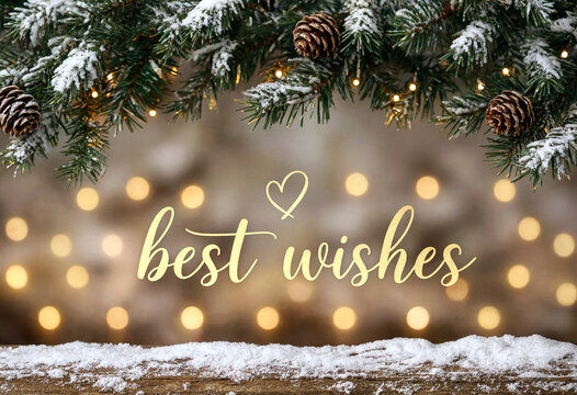 Festive holiday greeting card with snowcovered pine branches and warm bokeh lights background