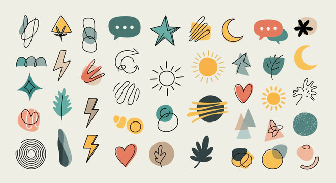 A collection of abstract doodle elements including stars, moons, suns, hearts, leaves, and lightning bolts in a playful, hand-drawn style.