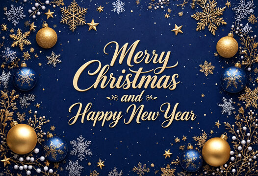 Festive merry christmas and happy new year greeting card with golden decorations and snowflakes design