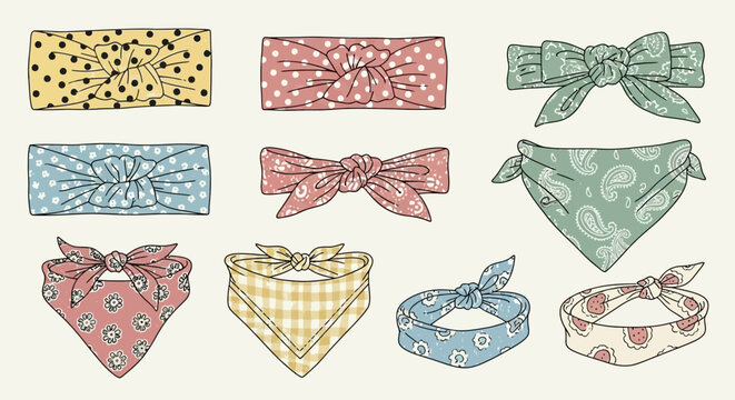 A collection of colorful headbands and bandanas with various patterns like polka dots, paisley, floral, and plaid, tied in different styles.