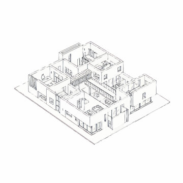 Isometric line art of a modern house floor plan.