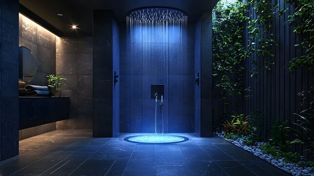 Premium dark interior with floating vanity and plants photo