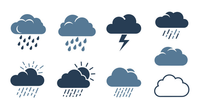 A collection of weather icons depicting various conditions like rain, thunderstorms, and partly cloudy skies, in shades of blue and white.