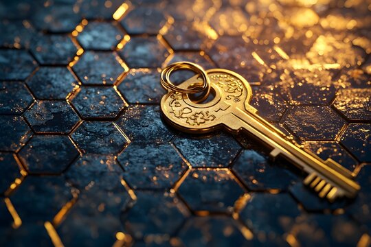 Premium golden key on dark abstract hexagon background wallpaper