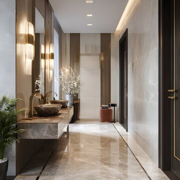 Premium marble vanity bathroom with orchids and soft lighting image