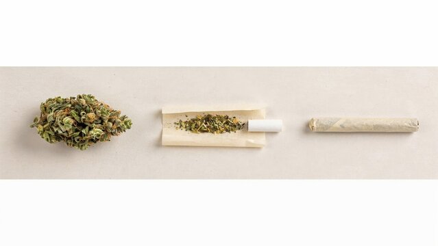 Dried green medicinal cannabis flower bud with a rolling paper and a finished cigarette joint placed on white background