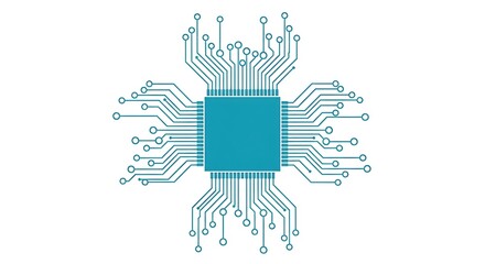 Fototapeta premium Minimalist blue computer chip icon with circuit board lines representing technology and hardware.
