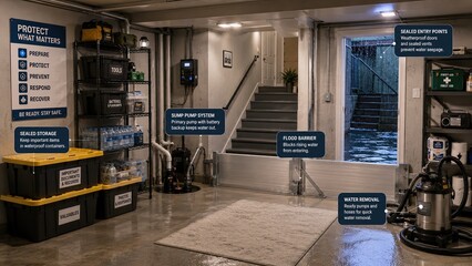 Naklejka premium Basement protected with pumps barriers and sealed storage