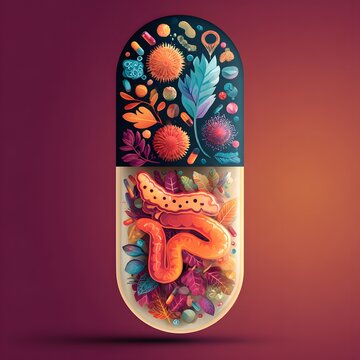 Probiotic capsule with colorful gut bacteria supplement concept art image