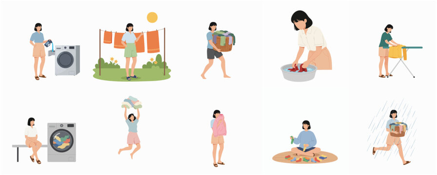 Collection of flat illustrations showing a woman performing various laundry chores from washing and drying to ironing and sorting clothes