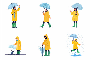 Fototapeta premium Set of woman in yellow raincoat and rubber boots holding umbrella in various rainy day poses