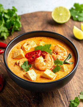 A bowl of spicy laksa soup with shrimp and tofu puffs is garnished with fresh herbs and sliced red chilies.