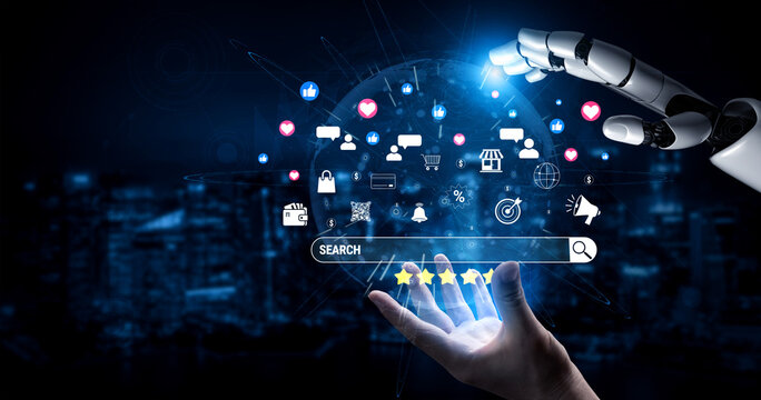 Futuristic Robotic Hand Interacting with Digital Icons in Dark Background Representing Technology and Communication Concepts Quark.