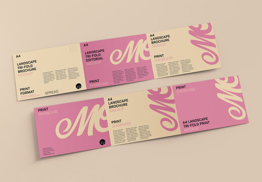 Realistic A4 Landscape Tri Fold Brochure Mockup