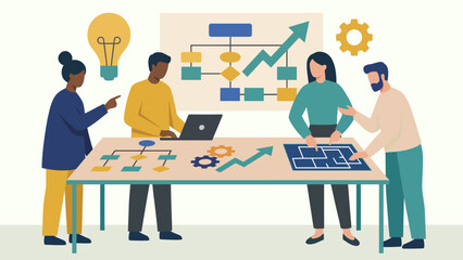 Fototapeta premium Flat vector illustration of coworkers planning projects around a shared workspace, symbolizing teamwork, creative thinking, communication, and successful project management.