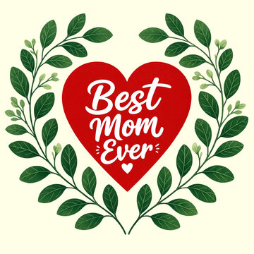 Beautiful best mom ever greeting card with heart and green leaves design