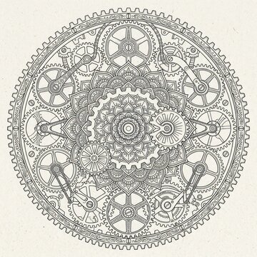 A detailed, intricate circular design featuring interconnected gears and floral patterns