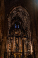 Epic ancient gothic church cathedral interior stone arch vault stained glass vertical.  © Yar