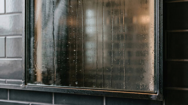 Misty Mirror Corner with Condensation Streaks and Steamy Indoor Light