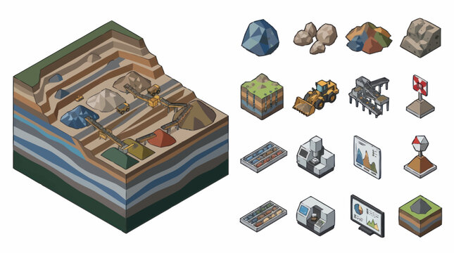 Isometric Pixel Art Construction and Mining Scene.