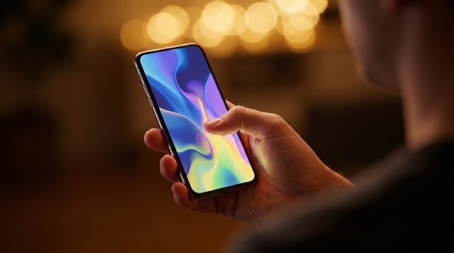 Hombre sosteniendo smartphone sobre el hombro POV con dise&ntilde;o abstracto de pantalla vibrante
