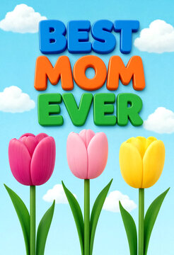 Colorful best mom ever greeting card with tulips against a bright sky background