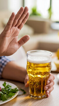 差し出されたビールを拒否する手のクローズアップ