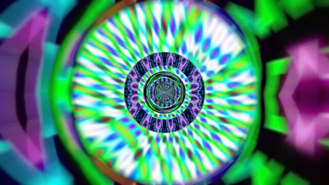 Colorful mesmerizing hypnotic bands flying out tunnel 10 seconds seamless looping black background animation screensaver visualizer hd video