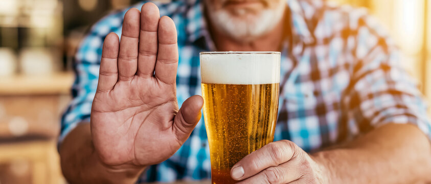 ビールを断る手のジェスチャー アルコール依存症からの回復と禁酒