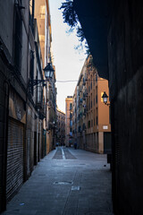 Fototapeta premium Epic narrow empty old town street vertical panorama historic buildings with balconies. 