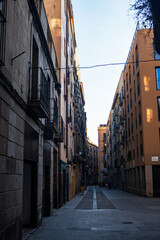 Naklejka premium Epic narrow empty old town street vertical panorama historic buildings with balconies. 