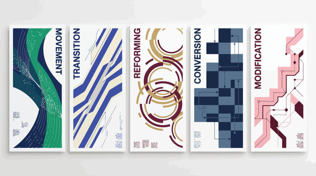 Abstract geometric banner set with movement and transition concepts, 5 modern vector vertical layouts for corporate branding and web design